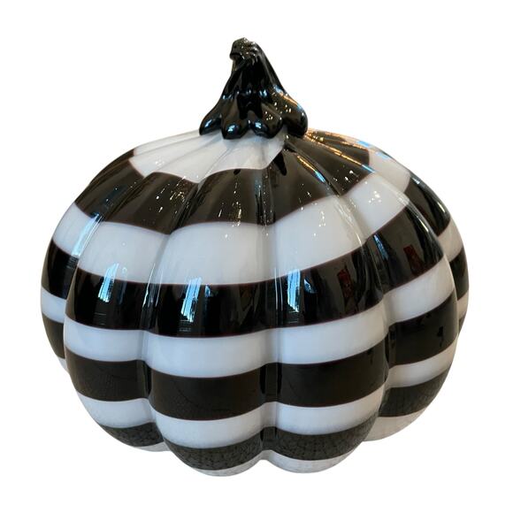 Christian Siriano Hand Blown Art Glass Pumpkin White Black Stripe Swirl 9x8 NEW - Picture 13 of 15
